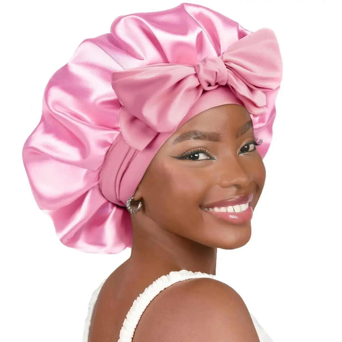 Double-layer satin ribbon hair bonnet by Plush Fashion Hub, designed for sleep protection and gentle hair care.
