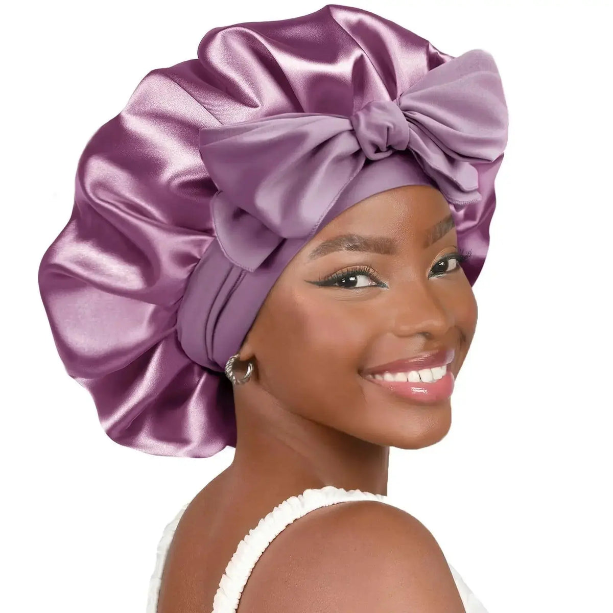Double-layer satin ribbon hair bonnet by Plush Fashion Hub, designed for sleep protection and gentle hair care.