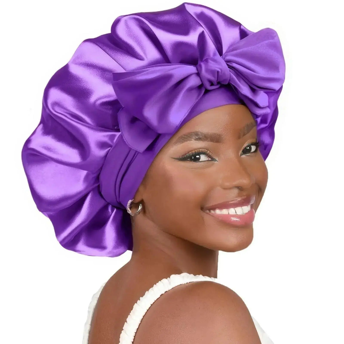Double-layer satin ribbon hair bonnet by Plush Fashion Hub, designed for sleep protection and gentle hair care.