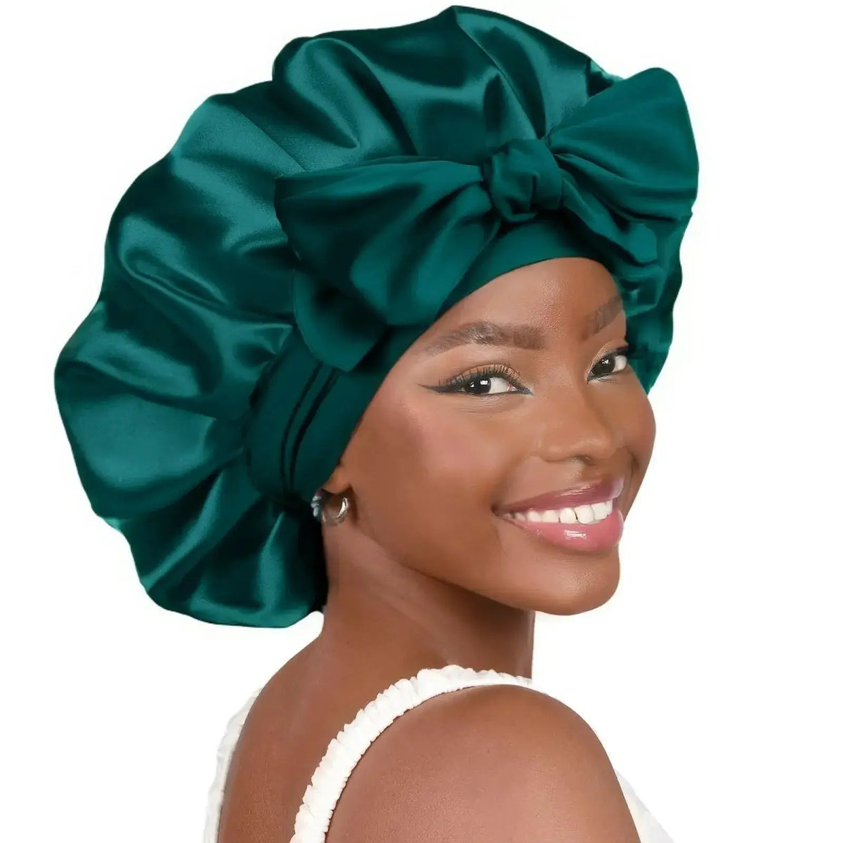 Double-layer satin ribbon hair bonnet by Plush Fashion Hub, designed for sleep protection and gentle hair care.