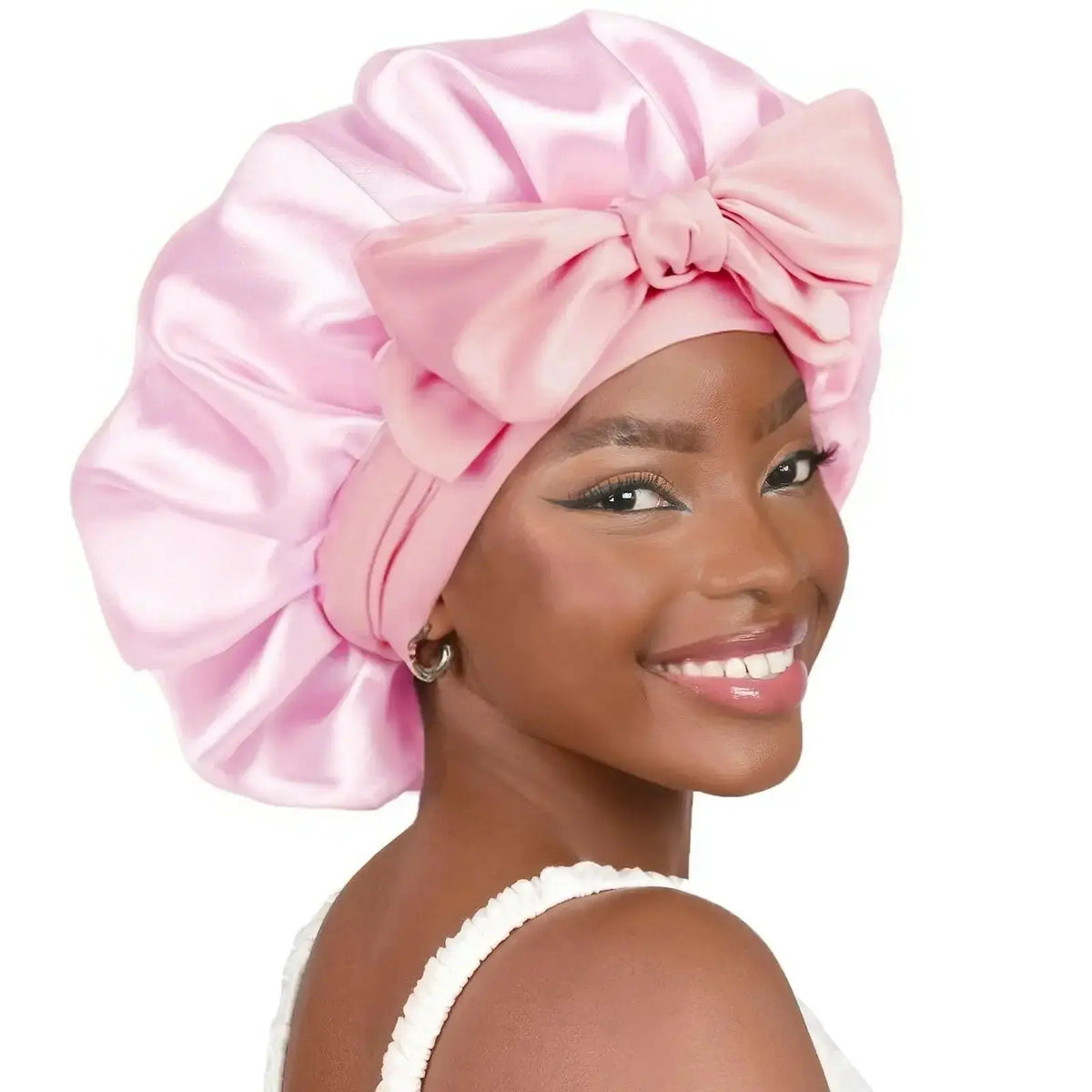 Double-layer satin ribbon hair bonnet by Plush Fashion Hub, designed for sleep protection and gentle hair care.