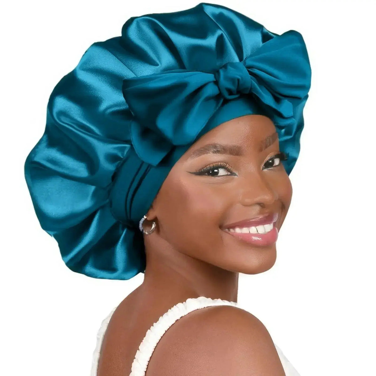 Double-layer satin ribbon hair bonnet by Plush Fashion Hub, designed for sleep protection and gentle hair care.