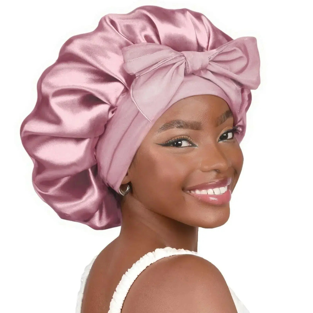 Double-layer satin ribbon hair bonnet by Plush Fashion Hub, designed for sleep protection and gentle hair care.