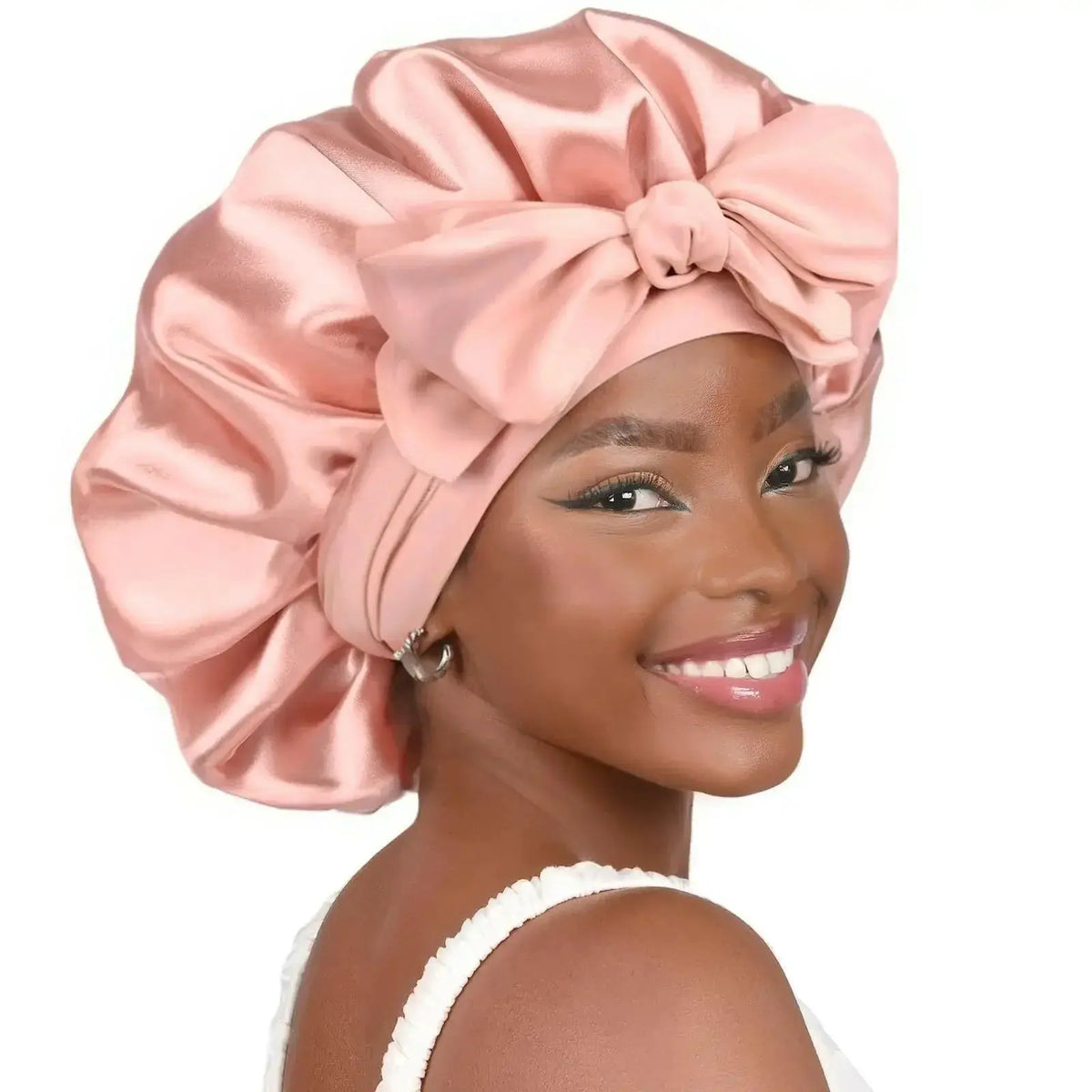 Double-layer satin ribbon hair bonnet by Plush Fashion Hub, designed for sleep protection and gentle hair care.