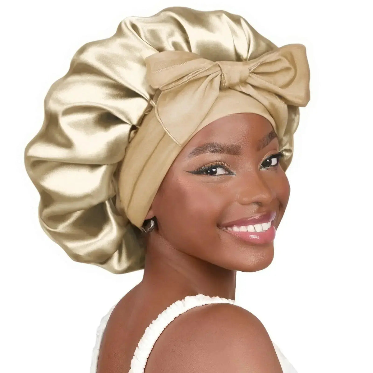 Double-layer satin ribbon hair bonnet by Plush Fashion Hub featuring a round design for sleep protection and hair care.