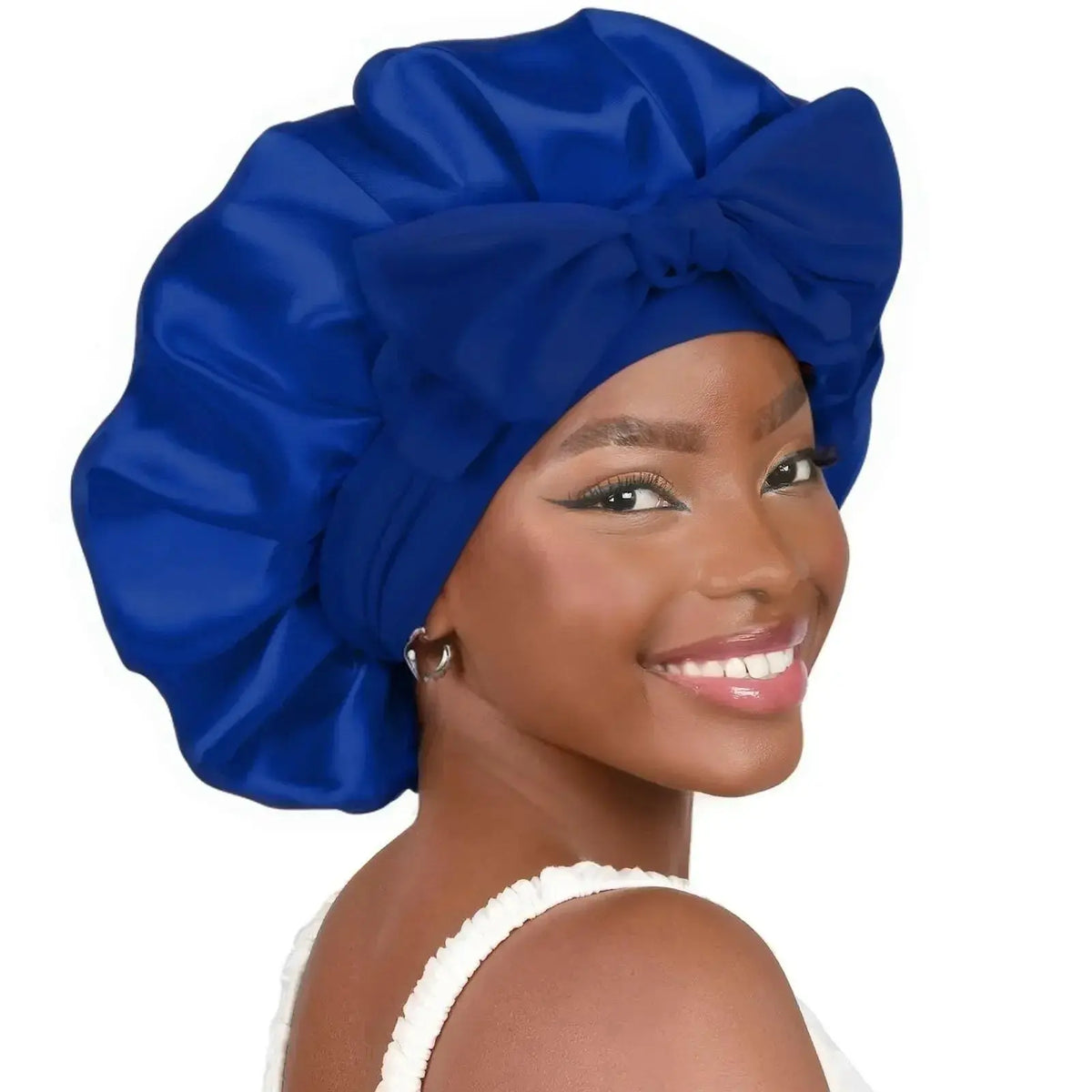 Double-layer satin ribbon hair bonnet by Plush Fashion Hub, designed for sleep protection and gentle hair care.