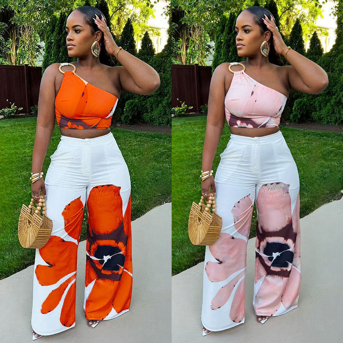 Floral One-Shoulder Wide-Leg Two-Piece Set