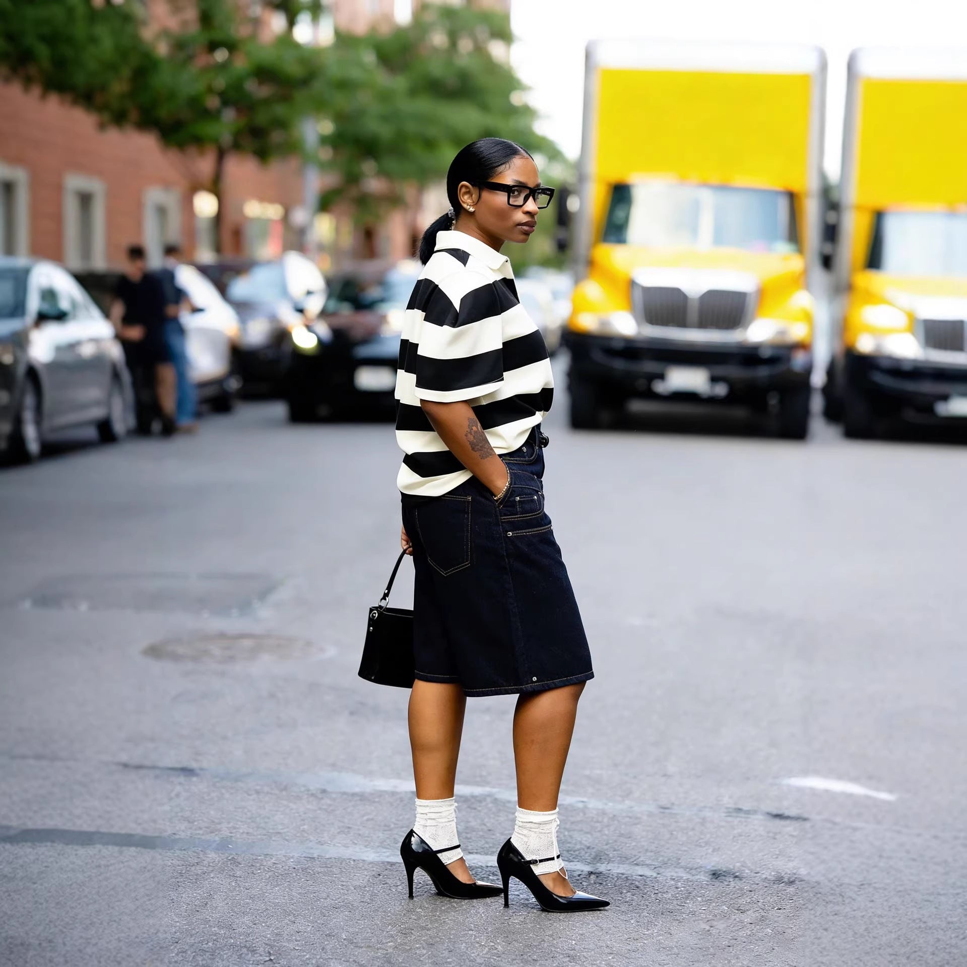 Street Style Double Waistband Studded Denim Two-Piece Set