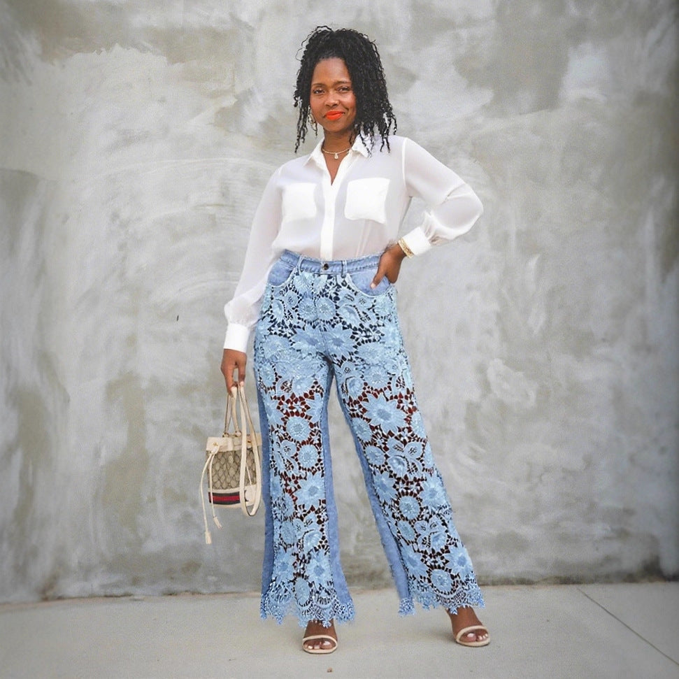 Hollow lace spliced high-waist jeans from Plush Fashion Hub, featuring distressed detailing and a trendy fit.