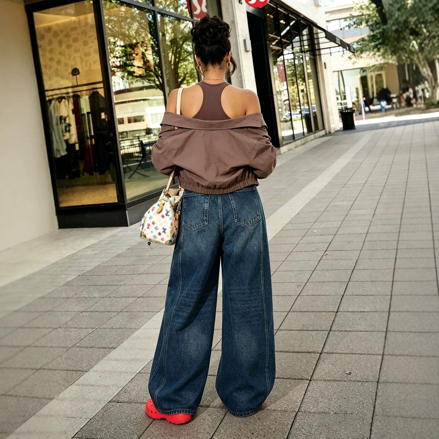 Eprolo retro deconstructed knife-edge straight leg jeans showing distressed details and classic denim fit.
