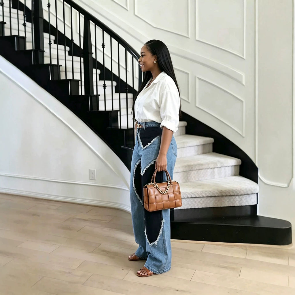 Unique Color Block Patchwork Heart Raw Hem Jeans