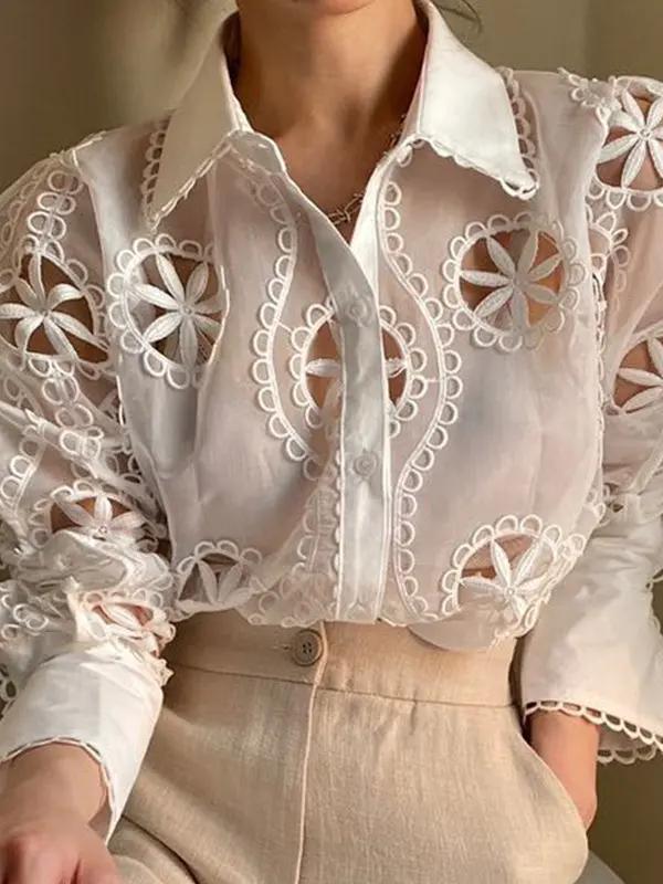 Elegant Lapel Hollow Mesh Pattern Loose Puff Sleeve Shirt PAINEVIDA