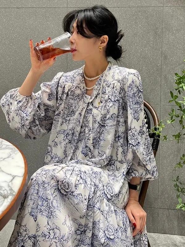 Elegant Printed Tie neckline Floral Long Dress Plush Fashion Hub