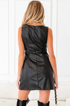 Emelia leather sleeveless mini dress by Threaded Pear, featuring a fitted silhouette and stylish design.