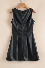 Emelia leather sleeveless mini dress by Threaded Pear, showcasing fitted silhouette and sleek black leather material.