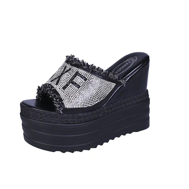 Women wedge heel platform sandals with rhinestone accents, stylish Trendy Attic Store01 slippers for summer wear.