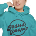 Vibrant turquoise Jesus graphic print hoodie by Plush Fashion Hub featuring European-American pattern, streetwear pullover style