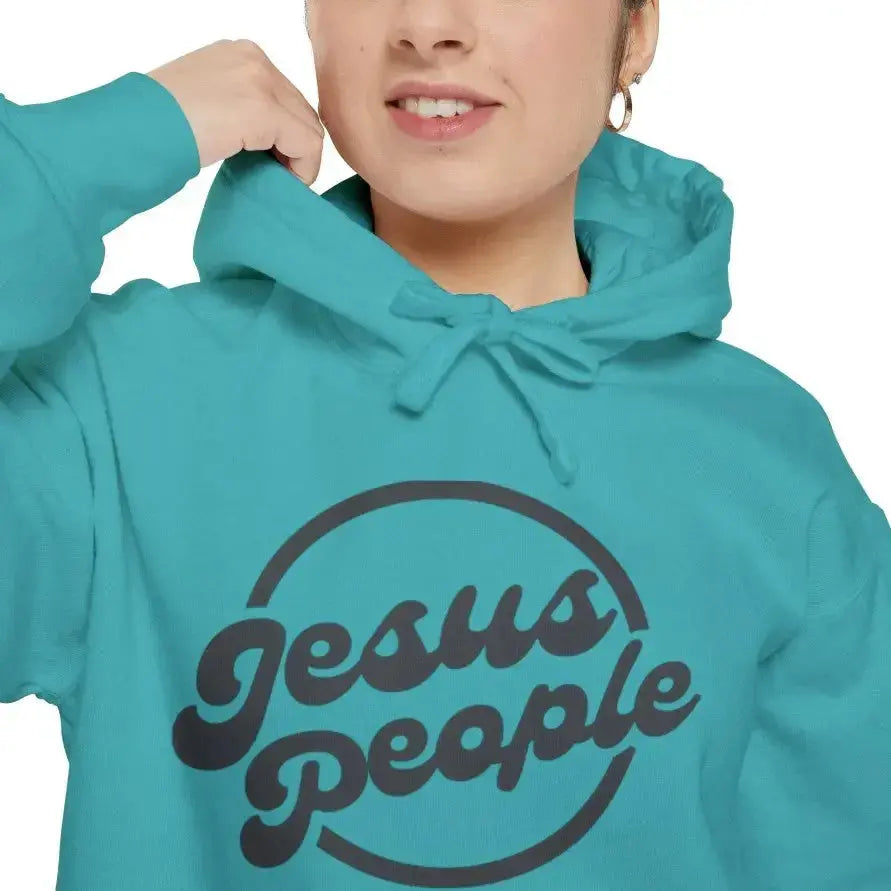 Vibrant turquoise Jesus graphic print hoodie by Plush Fashion Hub featuring European-American pattern, streetwear pullover style