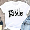 Women's Geometric Letter Printed Short Sleeve T-shirt with "Style" design in white Modal fabric.