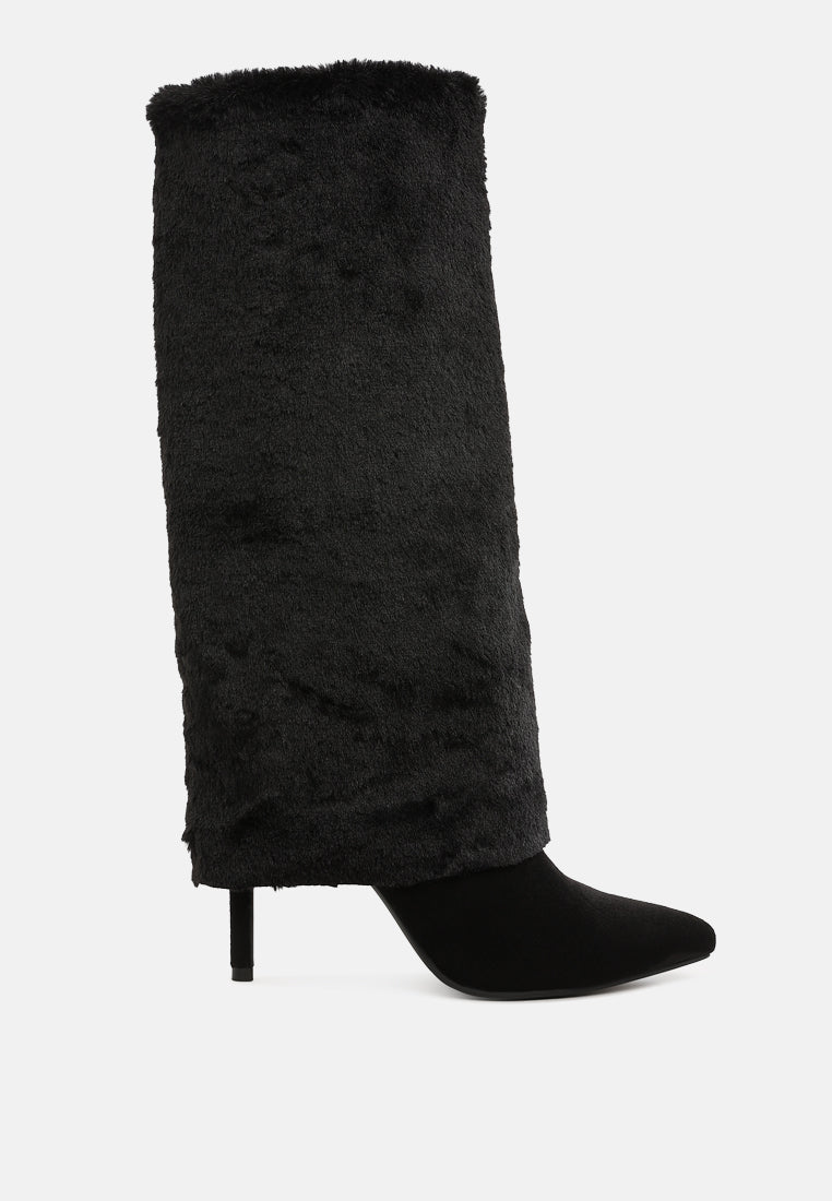 Black London Rag Everglade fold-over calf-high boots with sleek design and fold-over detail, stylish footwear for versatile wear.