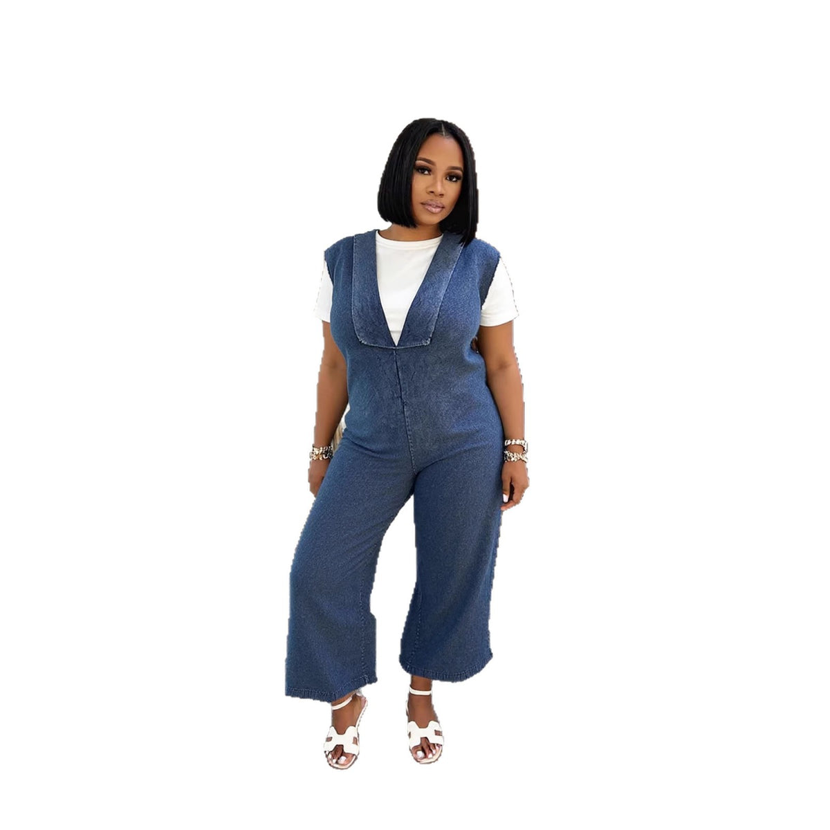 Washed denim V-neck casual jumpsuit with side pockets, by Plush Fashion Hub, featuring a relaxed fit and stylish design.