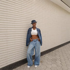 Washed Denim High-Waisted Straight-Leg Tied Pants