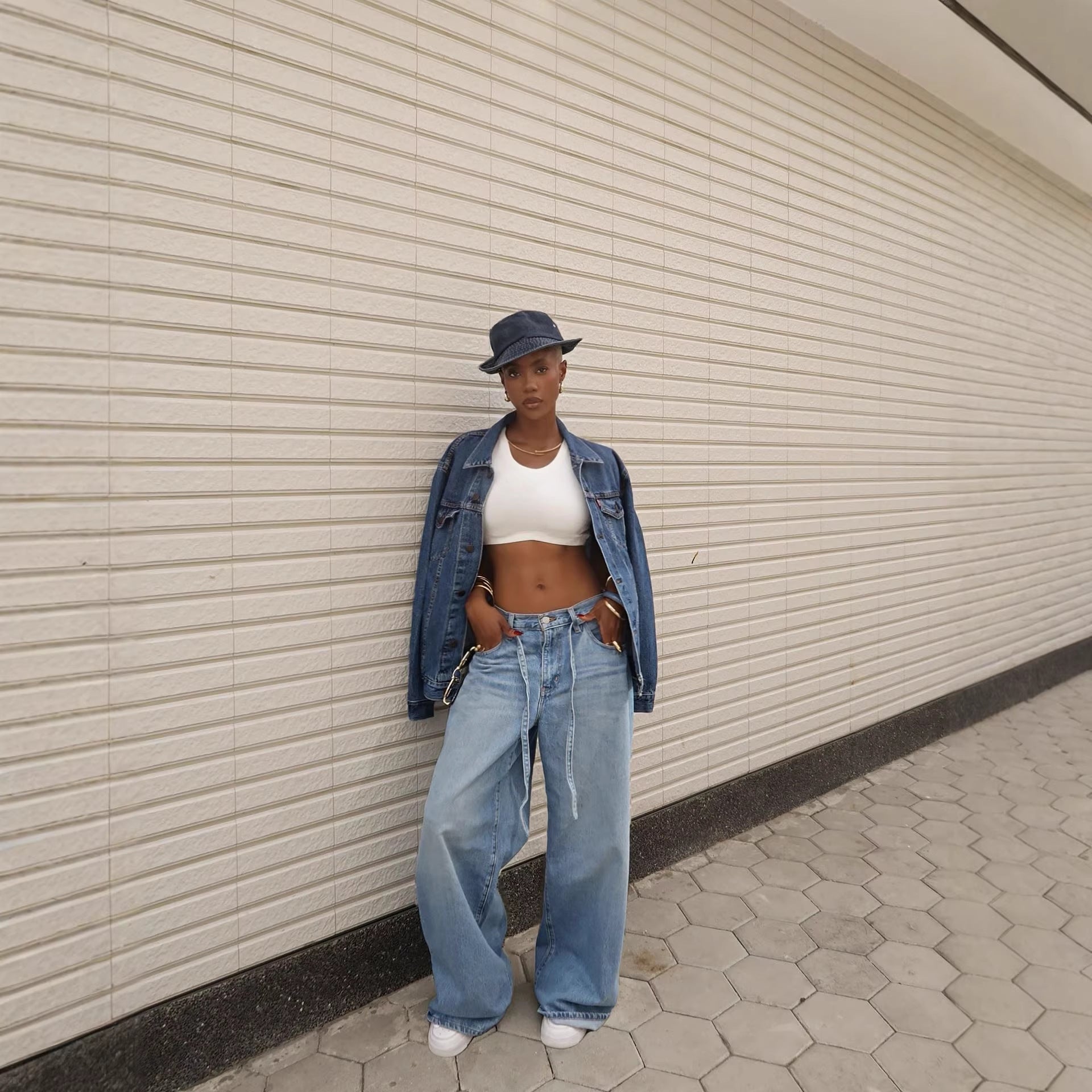 Washed Denim High-Waisted Straight-Leg Tied Pants
