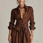 Women's casualwear two-piece set by FitiqueFit featuring a collar long sleeve top and high-waist pants in five colors.