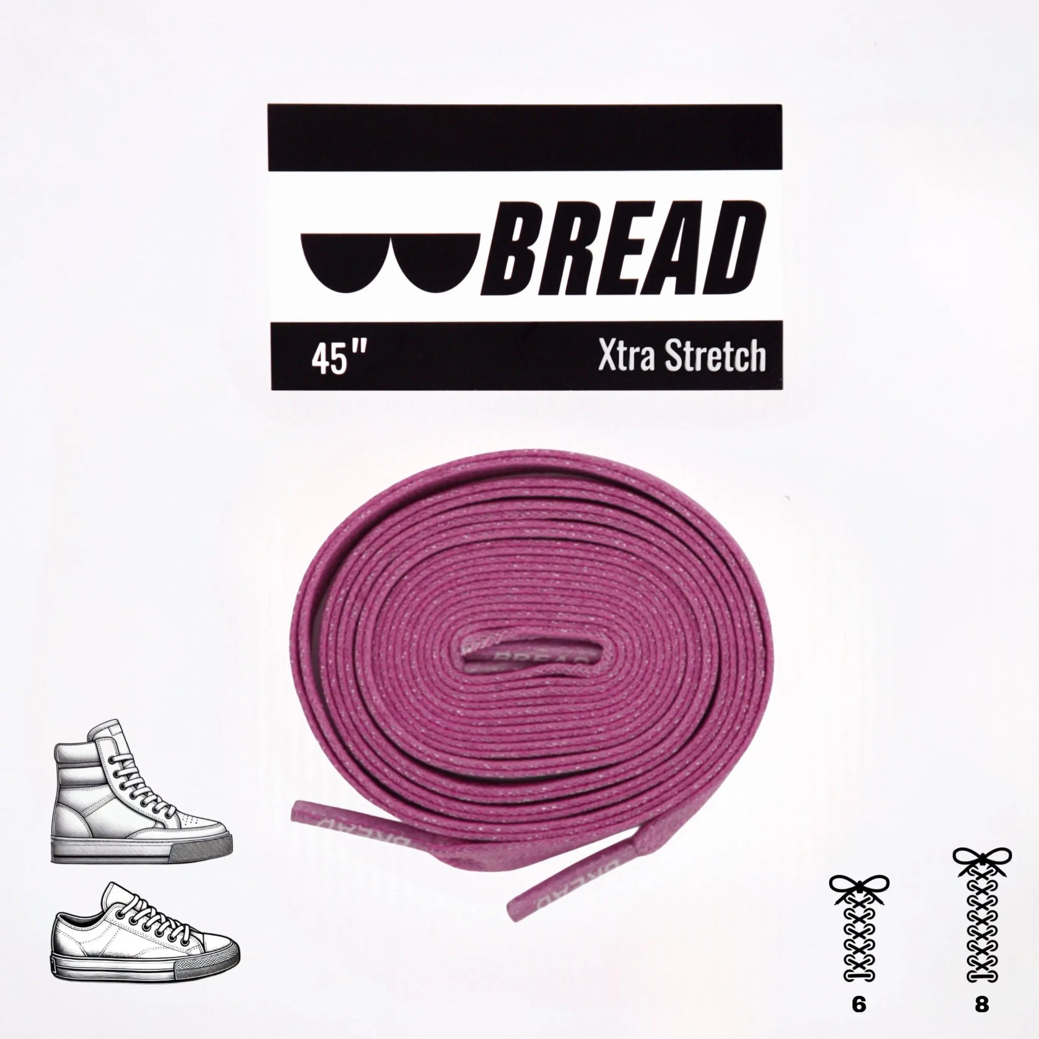 Pink elastic shoelace by Bread, shown in close-up with flexible, stretchy material and vibrant pink color.