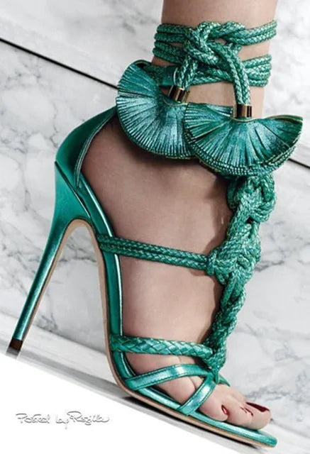 Plush Fashion Hub braided stiletto lace-up heels with high heels and open toe design, stylish for evening wear.