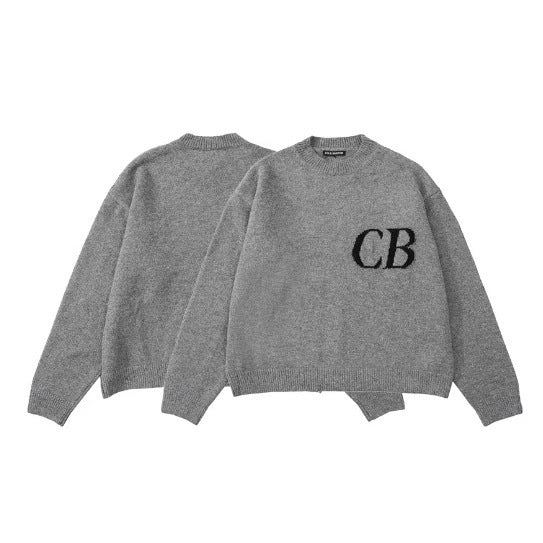 Unisex oversized knit crew neck sweater with CB letter design from Plush Fashion Hub, casual and comfortable for everyday wear.