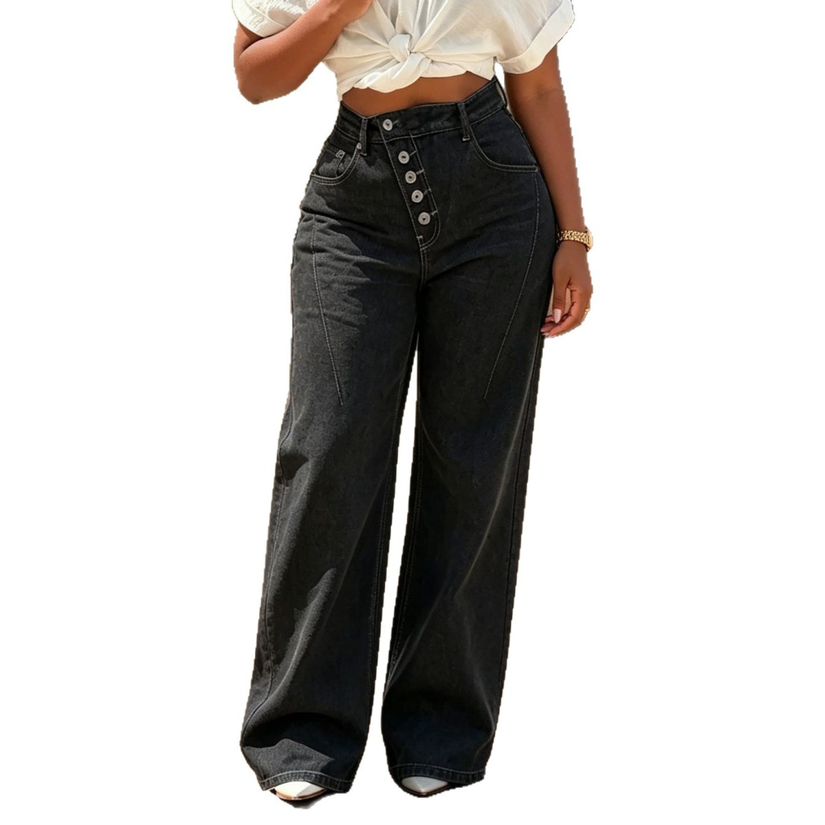 Women's black denim jeans with multi-button fly and straight leg fit, by Plush Fashion Hub, shown on a model.