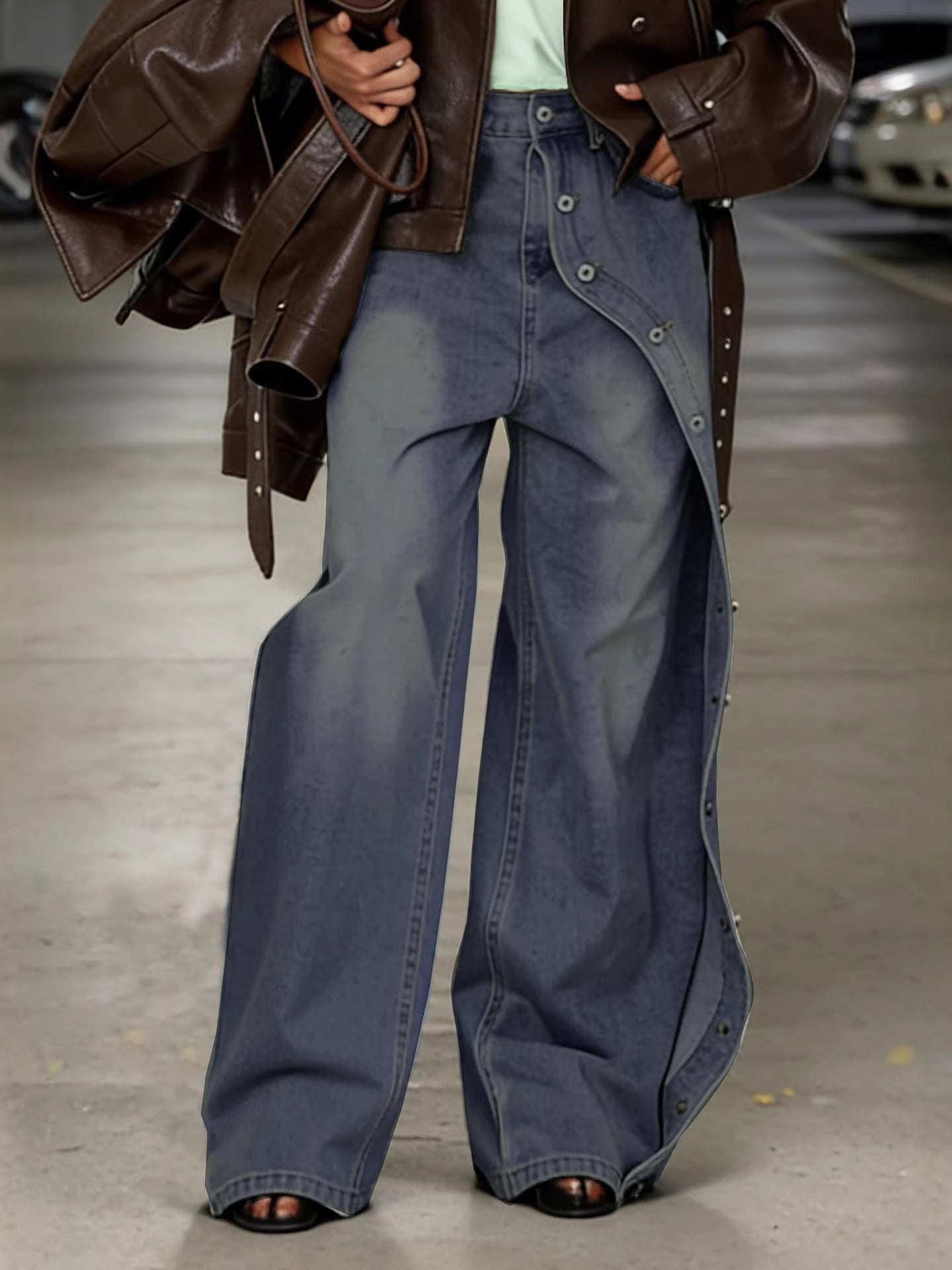 Washed Denim Multi-Button Straight Leg Jeans