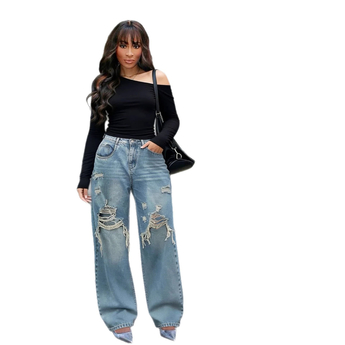 Layered patchwork ripped washed straight-leg denim jeans from Plush Fashion Hub, showcasing distressed details and classic fit.