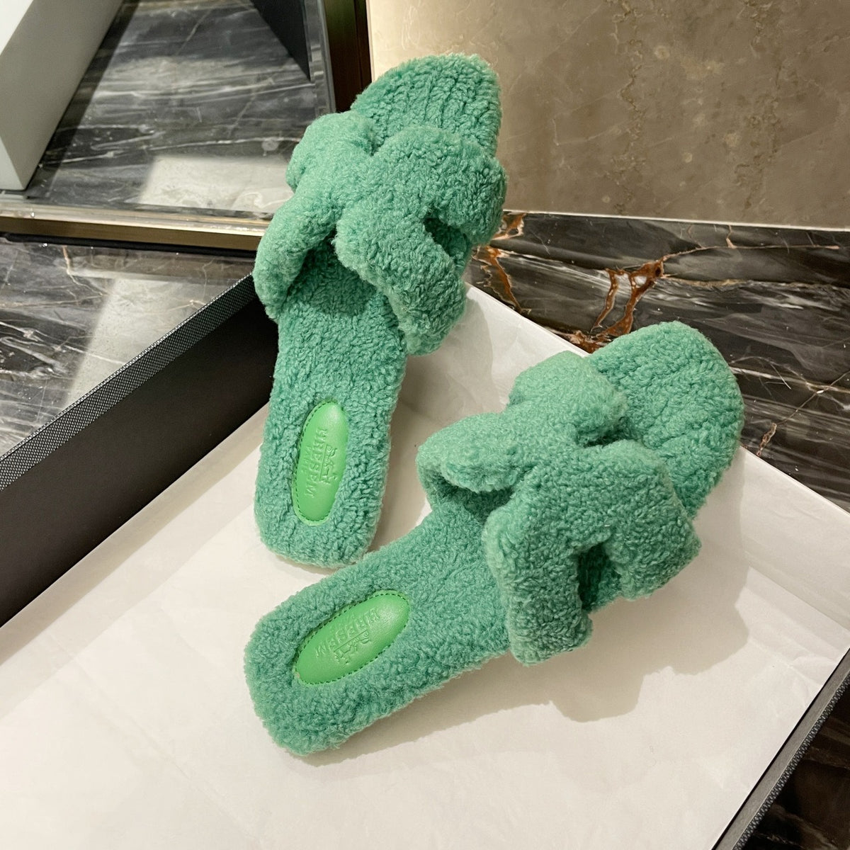 Rainbow lamb fur suede slide sandals by Plush Fashion Hub with colorful fur accents and comfortable slip-on design