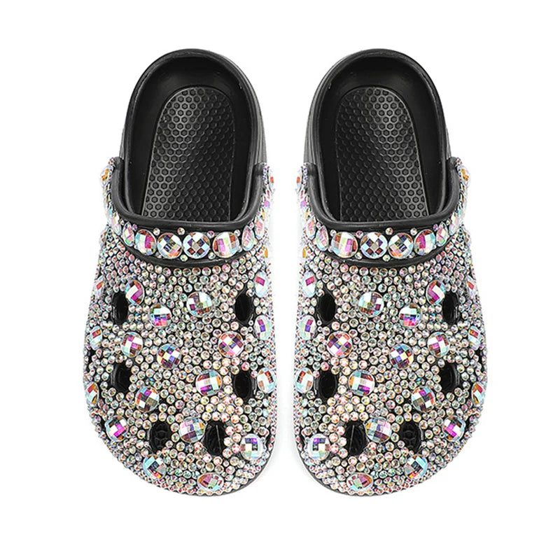 Plush Fashion Hub Luxe rhinestone embellished slide sandals with open toes and stylish design, perfect for summer wear.