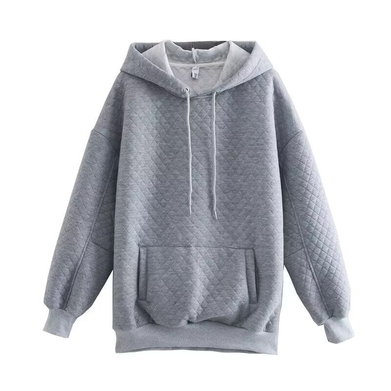 Women’s diamond grid loose casual hoodie by Plush Fashion Hub, featuring a comfortable fit and stylish design.