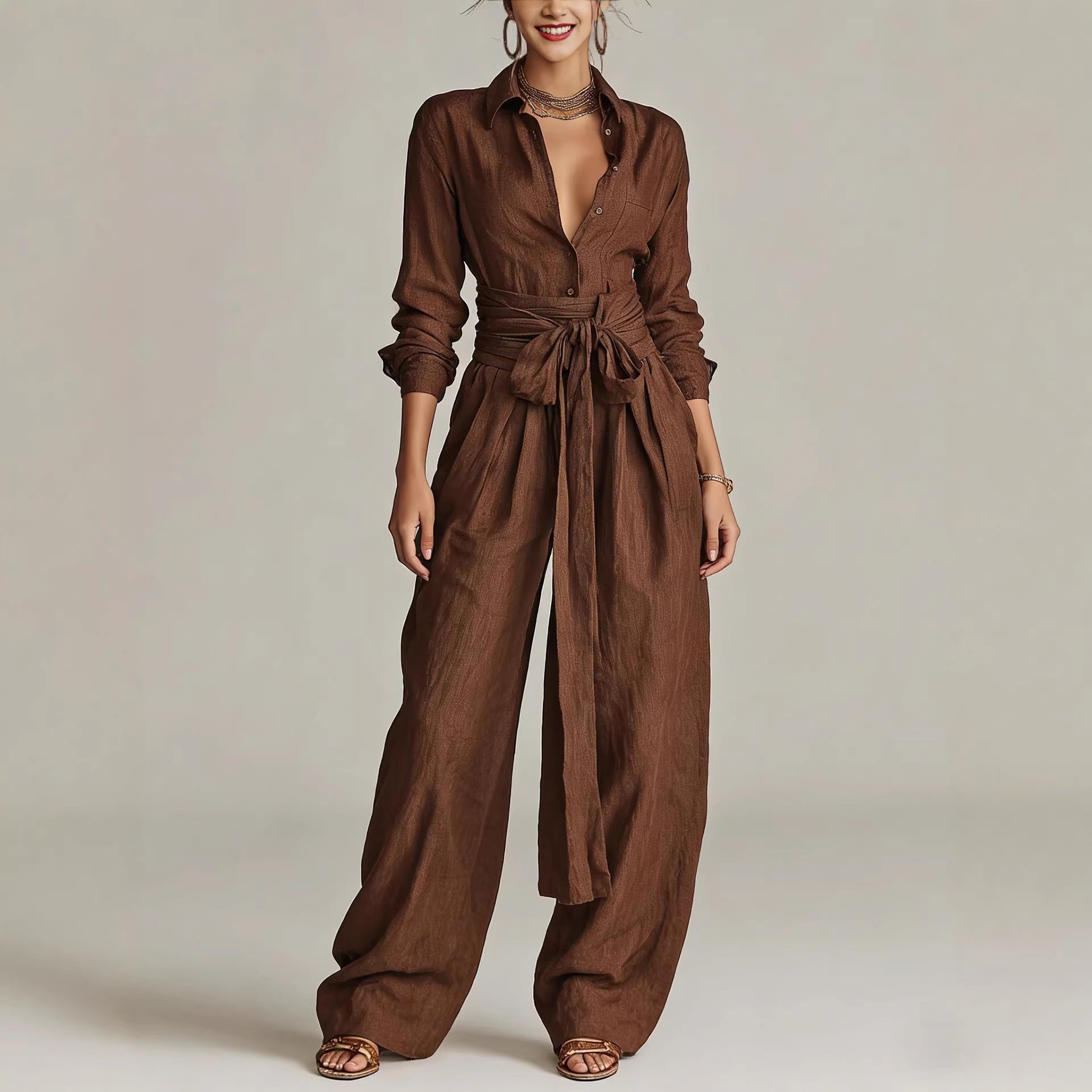 Women's casualwear two-piece set with collar long sleeve top and high-waist pants by FitiqueFit in five colors.