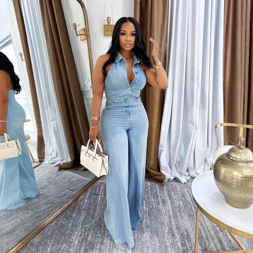 Women's Strapless Backless Washed Denim Jumpsuit
