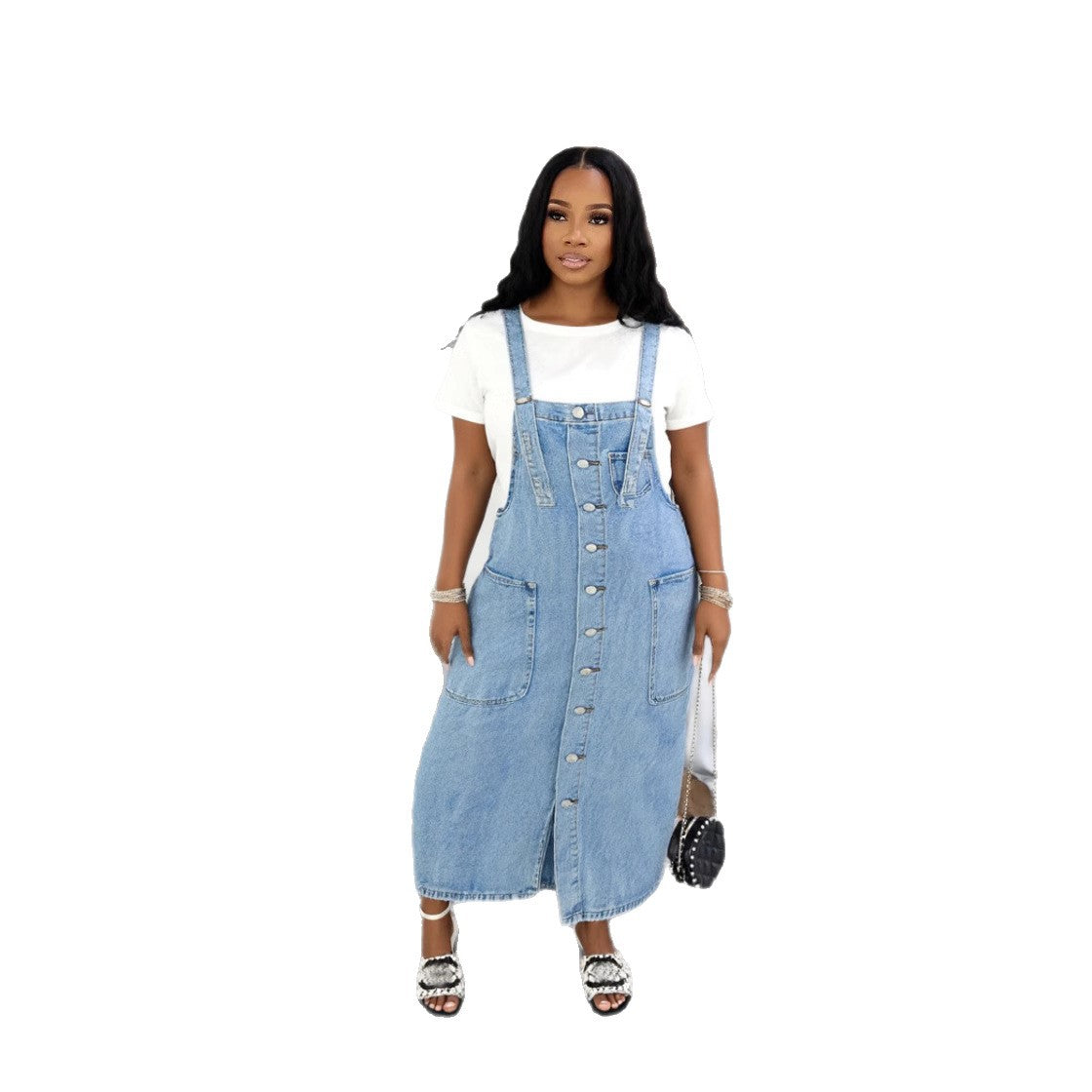 Women's Single-Button Sleeveless Denim Overall Dress