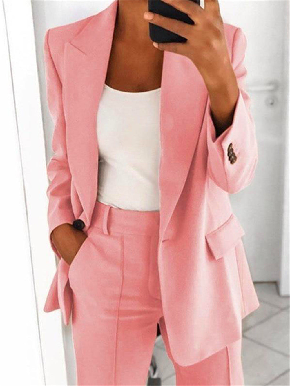 Slim fit blazer with notched collar from Plush Fashion Hub, showcasing tailored outerwear with sleek design and classic style.