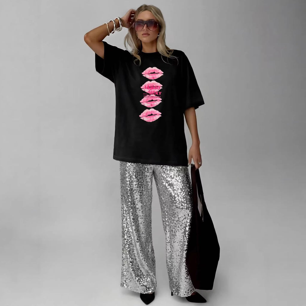 Women's Black Lip Print Short Sleeve Loose Fit Cotton T-Shirt