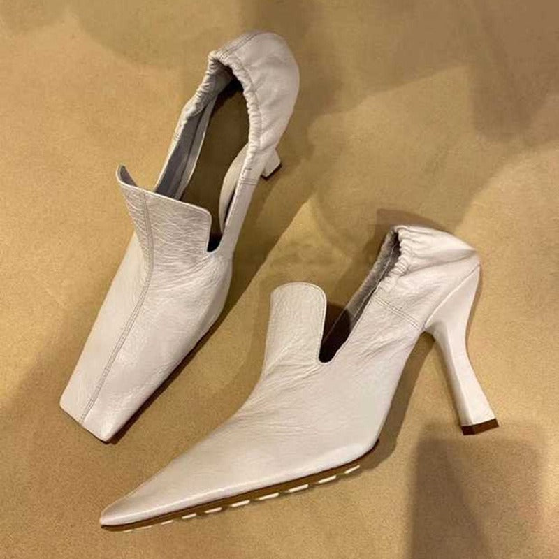 White square toe stiletto mules heels by Plush Fashion Hub, stylish open-back shoes with sleek design and chunky heels.
