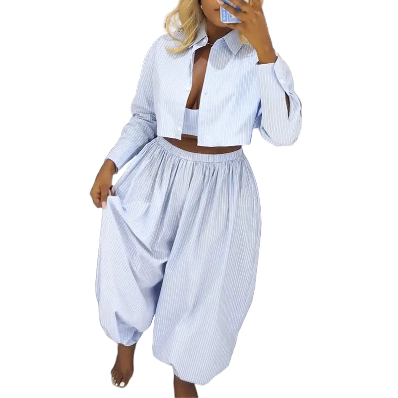 Striped strapless top and wide-leg pants set by Plush Fashion Hub, featuring coastal chic style in a relaxed, stylish design.