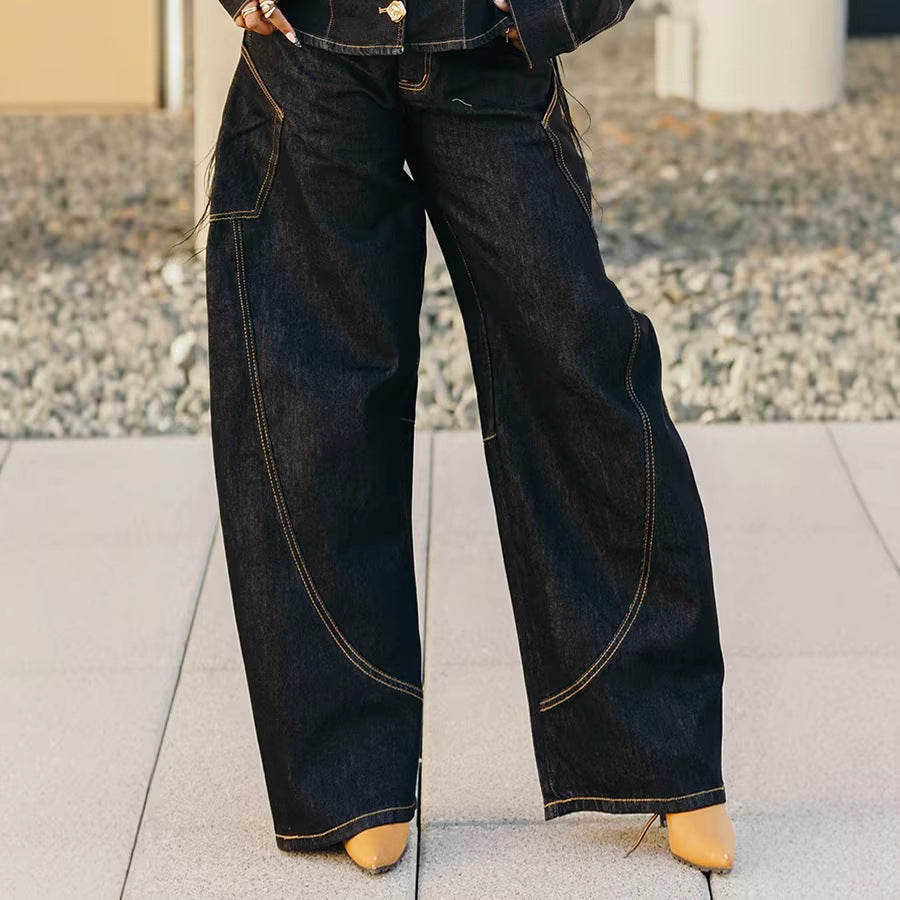 Curved Hem Stitched Denim Jeans