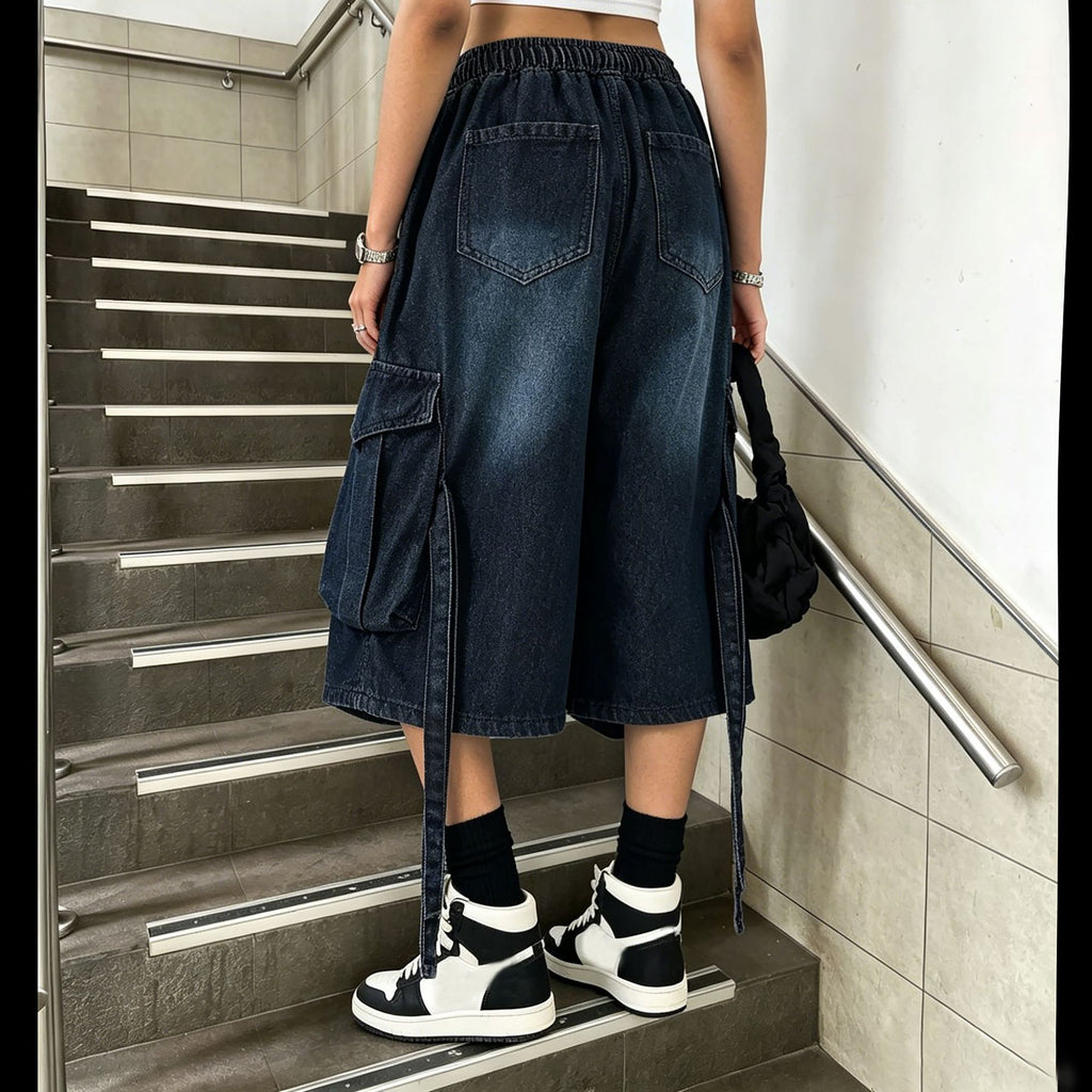 Women's Washed Denim Drawstring Elastic Waist Casual Pants