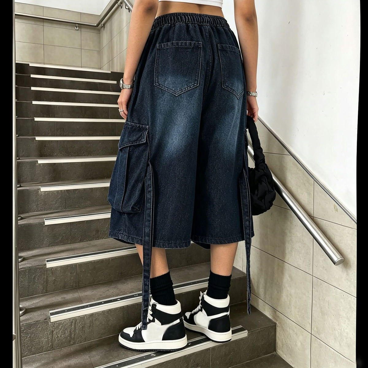 Washed denim casual pants for women with elastic waist and drawstring from Plush Fashion Hub, featuring a relaxed fit and stylish design.