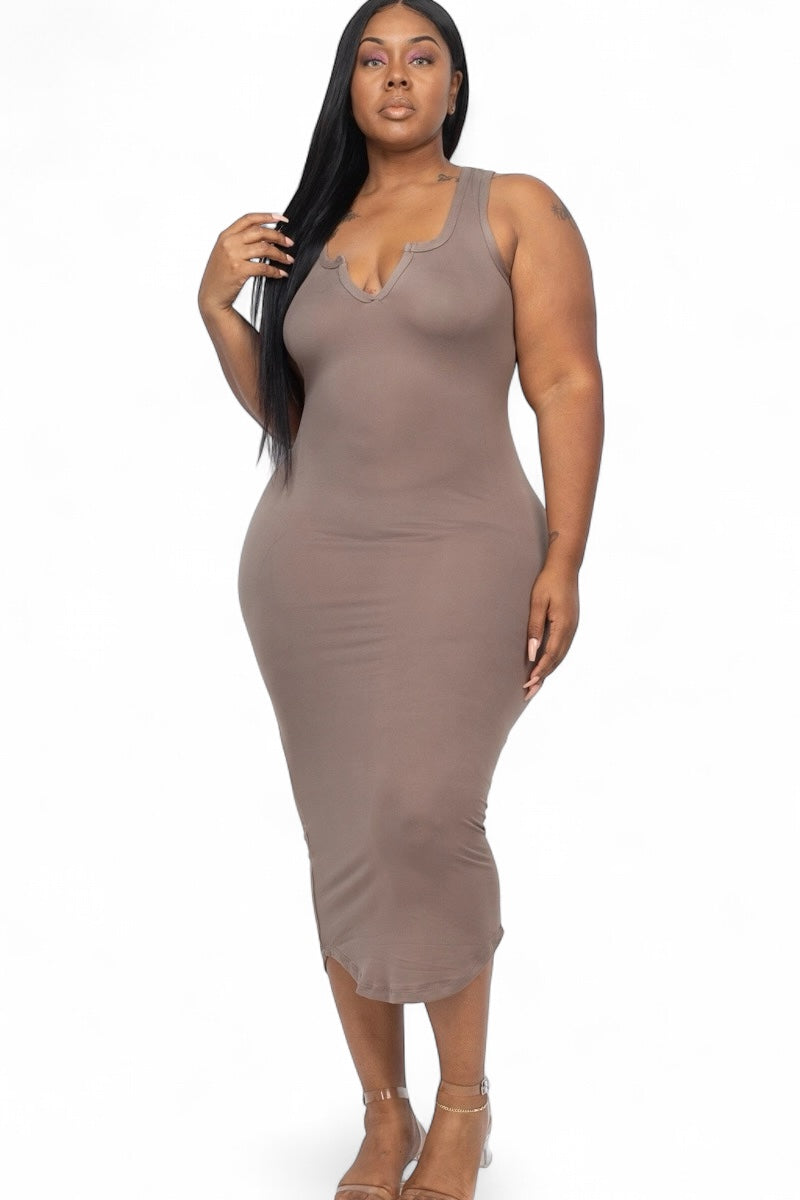 Black curvy split neck tank dress by Plush Fashion Hub featuring a stylish neckline and comfortable fit.