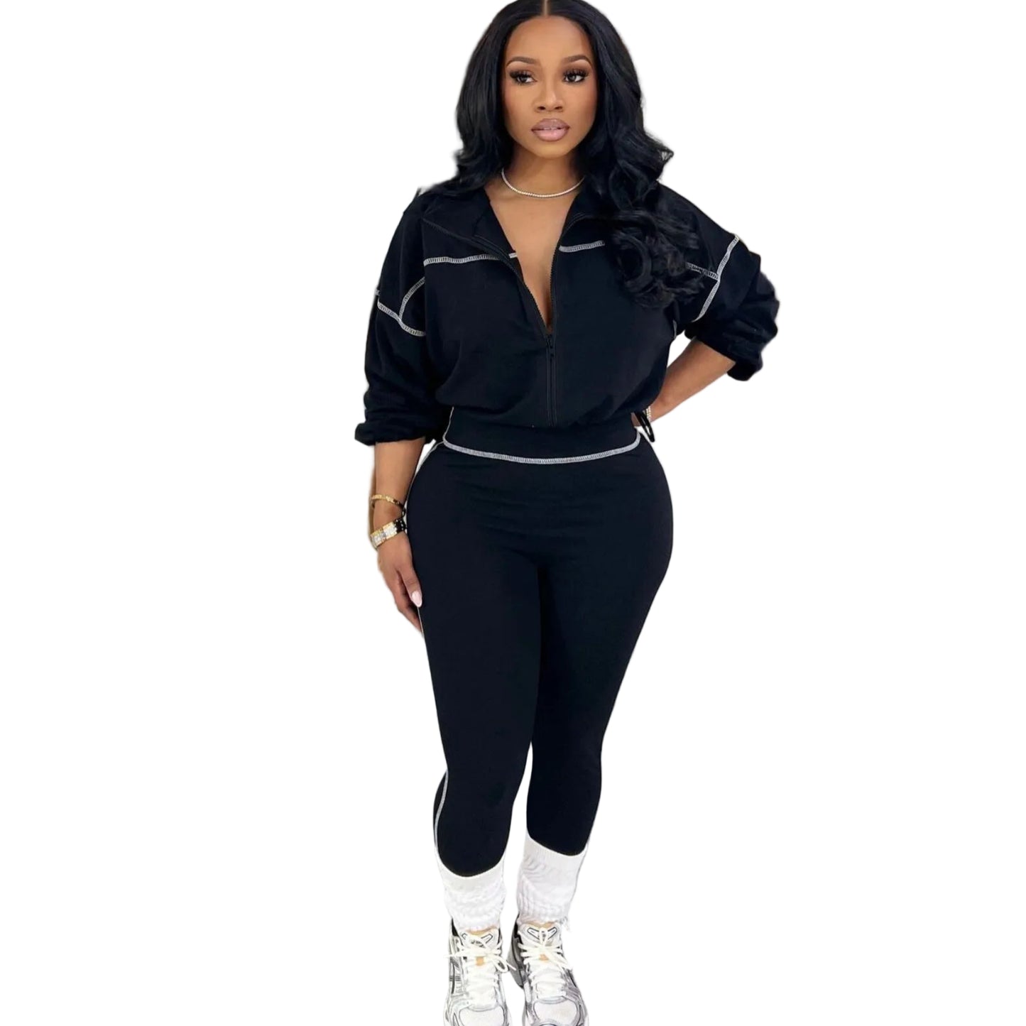 Plush Fashion Hub modern zip-front long sleeve two-piece set, featuring a stylish top with a front zipper and matching pants.