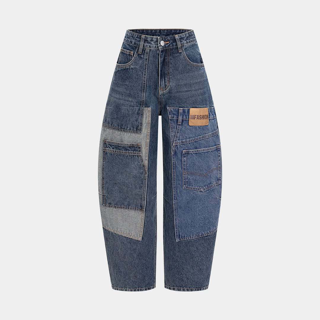 Deconstructed patchwork multi-pocket tapered denim jeans by Plush Fashion Hub, featuring unique design details and multiple functional pockets.
